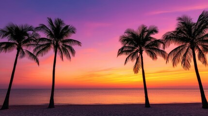 Beach sunset nature concept. A serene beach scene with palm trees against a vibrant sunset sky.