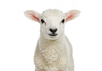 A young lamb with soft wool and curious expression, isolated on white background