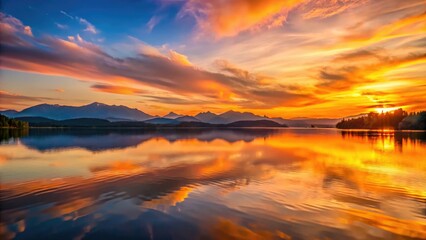 Obraz premium Sunset over a peaceful lake with calm waters, reflecting a vibrant orange sky and surrounding mountains in the distance, sunset, atmosphere, calm