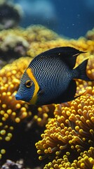 Obraz premium HD Phone Wallpaper Vibrant Emperor Angelfish Swimming Amidst Golden Coral Reef