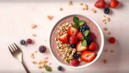 Bowl of granola with yogurt and berries for healthy breakfast.