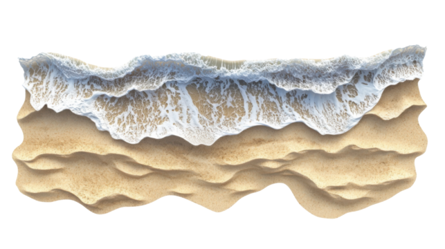 Soft ocean waves crashing on sandy beach with transparent background