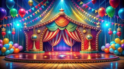 Fototapeta premium Vibrant colorful circus stage with festive lighting and vibrant balloons