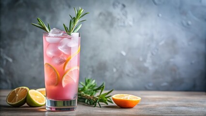 Tall glass of pink lemonade with ice cubes and a sprig of rosemary garnished on the rim, fruity flavors, floral arrangement