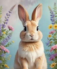 Tender watercolor bunny with a bouquet of wildflowers on pastel background, furry friend, hand-drawn, decoration element, animal lover