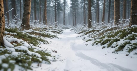 Fototapeta premium The forest floor is blanketed with a thick layer of fresh powder, serene nature, winter wonderland