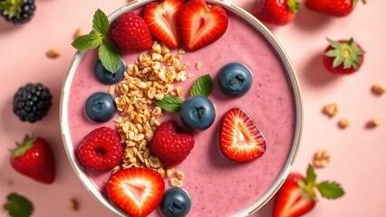 Bowl of granola with yogurt and berries for healthy breakfast.