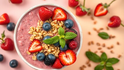 Bowl of granola with yogurt and berries for healthy breakfast.