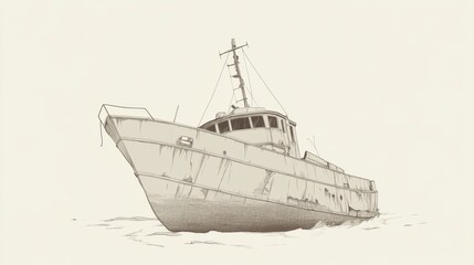 Rusty fishing boat at sea, calm waters, illustration, nautical design