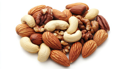 Mixed nuts forming heart shape on white background, symbolizing love and health. This delightful arrangement showcases variety of nuts, perfect for snacking
