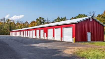 Obraz premium Modern Red Storage Units in a Rural Setting