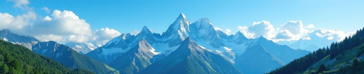 Towering peaks meet cerulean sky with wispy clouds in summer, mountains, blue sky, sunlight