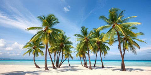Obraz premium Towering palm trees swaying in the breeze on a deserted island beach, sea, tropical