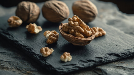 Obraz premium Mixed nuts with shells and cracked walnuts displayed on dark slate surface, showcasing their rich texture and natural colors, perfect for healthy snacking