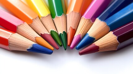 Fototapeta premium A vibrant collection of colored pencils arranged in a semicircle, showcasing their sharpened points and diverse hues.