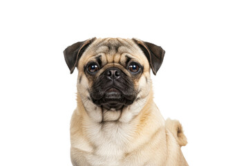 Beautiful fawn pug isolated on white background, no depth of field, sharp.