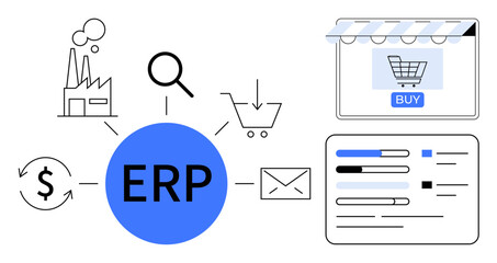 Central ERP circle connects to icons representing factory, magnifying glass, shopping cart, storefront window, email, finance, and bar chart. Ideal for business, technology automation data
