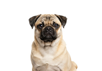 Fototapeta premium Beautiful fawn pug isolated on white background, no depth of field, sharp.