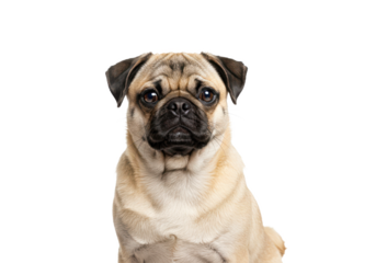 Beautiful fawn pug isolated on white background, no depth of field, sharp.