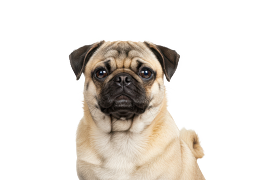 Beautiful fawn pug isolated on white background, no depth of field, sharp.