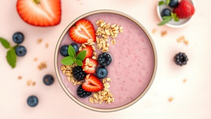 Bowl of granola with yogurt and berries for healthy breakfast.