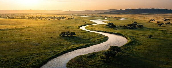 Riverside scenes nature concept. A breathtaking view of a winding river surrounded by lush green fields during sunset.