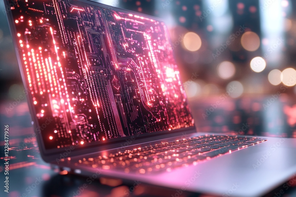 Poster A 3D digital illustration of a high-tech modular laptop that adjusts its screen, keyboard, and functions for various uses, glowing with modern digital aesthetics