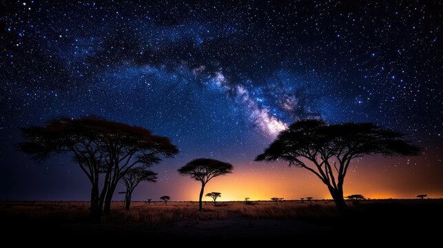 Starry skies nature concept. Stunning night sky with the Milky Way over silhouetted trees in a serene landscape.
