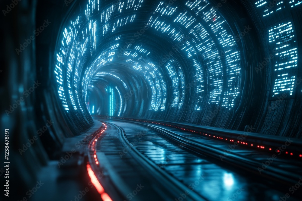 Poster A 3D-rendered image of a massive sci-fi data stream flowing throughout a futuristic control room, glowing holographic displays tracking every bit of information