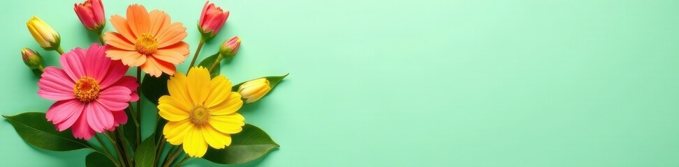 A bouquet of bright colored flowers on a light green background with a natural texture, floral, blossoms, petal