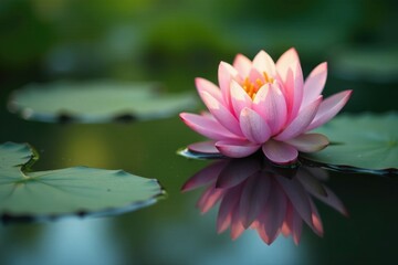 A delicate flower is reflected on a quiet pond surface, water, reflection