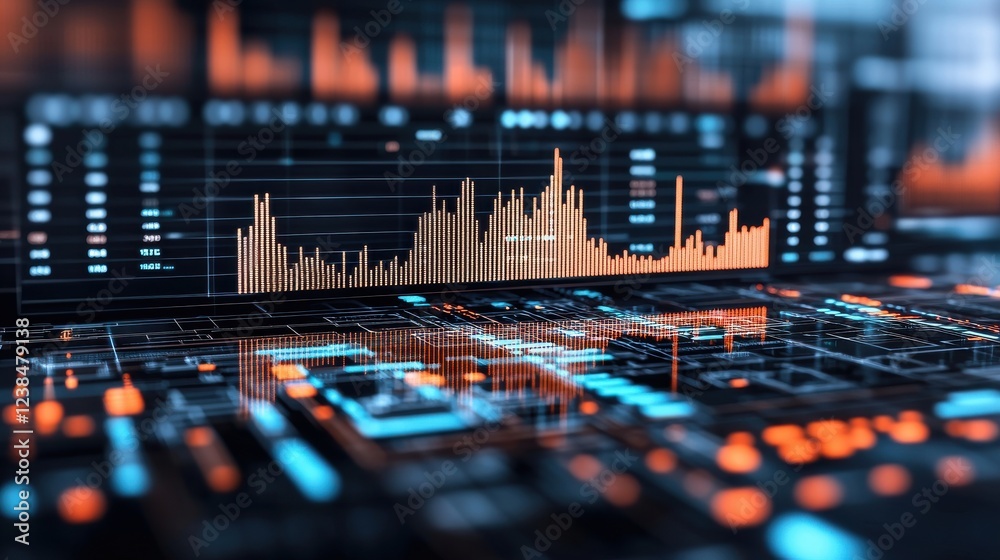 Poster a futuristic digital interface showcasing vibrant data visualizations, including graphs and charts, 