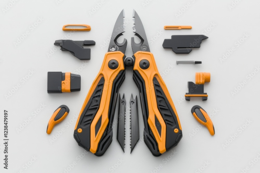 Poster A bold icon of a multitool with various extensions, set against a plain white background, showcasing simplicity and function