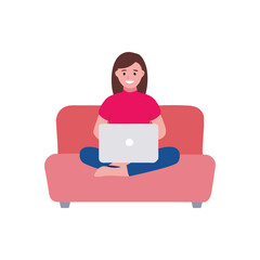 illustration Happy online study girl sit on sofa