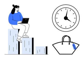 Woman sitting on bar graph using laptop, clock indicating time, and handbag with a price tag. Ideal for time management, productivity, e-commerce, work-life balance, efficiency, business strategy