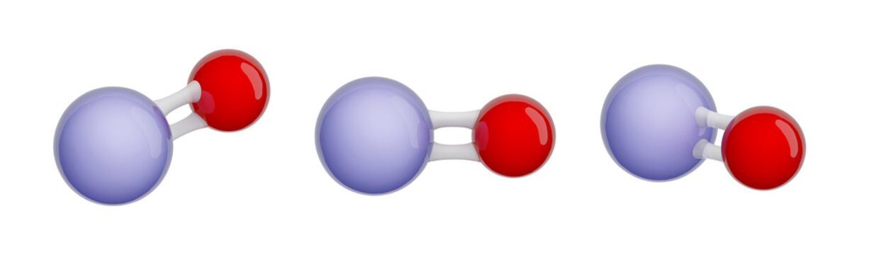 Molecule of Mercuric Oxide. Set of views. Molecular formula: HgO. Chemical model: Ball and stick. Isolated. White background. 3D illustration