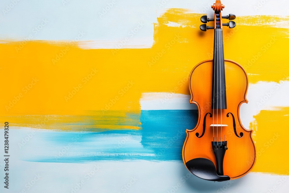 Poster a bold, flat design of a violin with vibrant strings, symbolizing musical talent through simplicity 