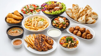 Delicious Mediterranean feast, diverse dishes, white background, food photography for menus