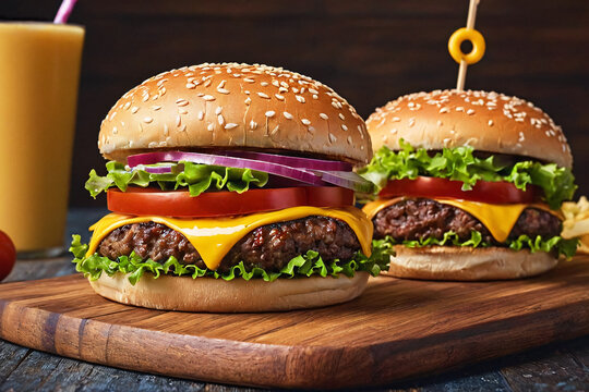 Gourmet Juicy Cheeseburger Close-up - Professional Food Photography of Beef Burger with Melted Cheddar and Fresh Ingredients