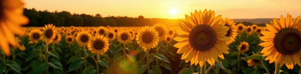 Obraz premium Golden light casts a long shadow across the sunflower field at sunset, shadows, landscape