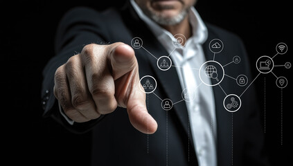A business professional points towards digital network icons, showcasing advanced technology concepts