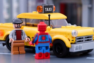 Naklejka premium Tambov, Russian Federation - January 13, 2025 Lego cab driver and Spider-Man minifigures standing near a taxi cab on the city street