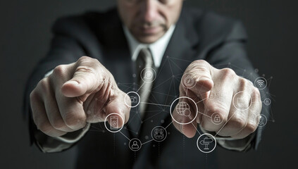 A business professional points towards digital network icons, showcasing advanced technology concepts