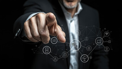 A business professional points towards digital network icons, showcasing advanced technology concepts