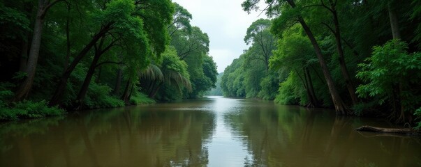 Road submerged in murky waters, trees swaying, weathered trees, hurricane damage