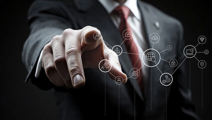 A business professional points towards digital network icons, showcasing advanced technology concepts