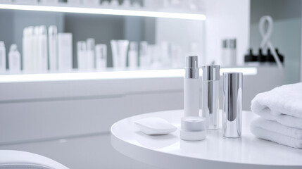 A minimalist skincare setup with elegant bottles and towels on a white table.