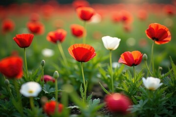 Naklejka premium small white and red poppy flowers scattered on the ground, garden, flower