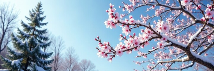 Obraz premium snow-covered plum blossom branches curve and twist in mid-air amidst bare trees, clear blue sky, evergreen tree