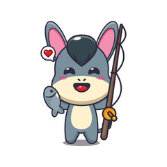 donkey mascot cartoon character vector illustration catching fish with fishing rod.